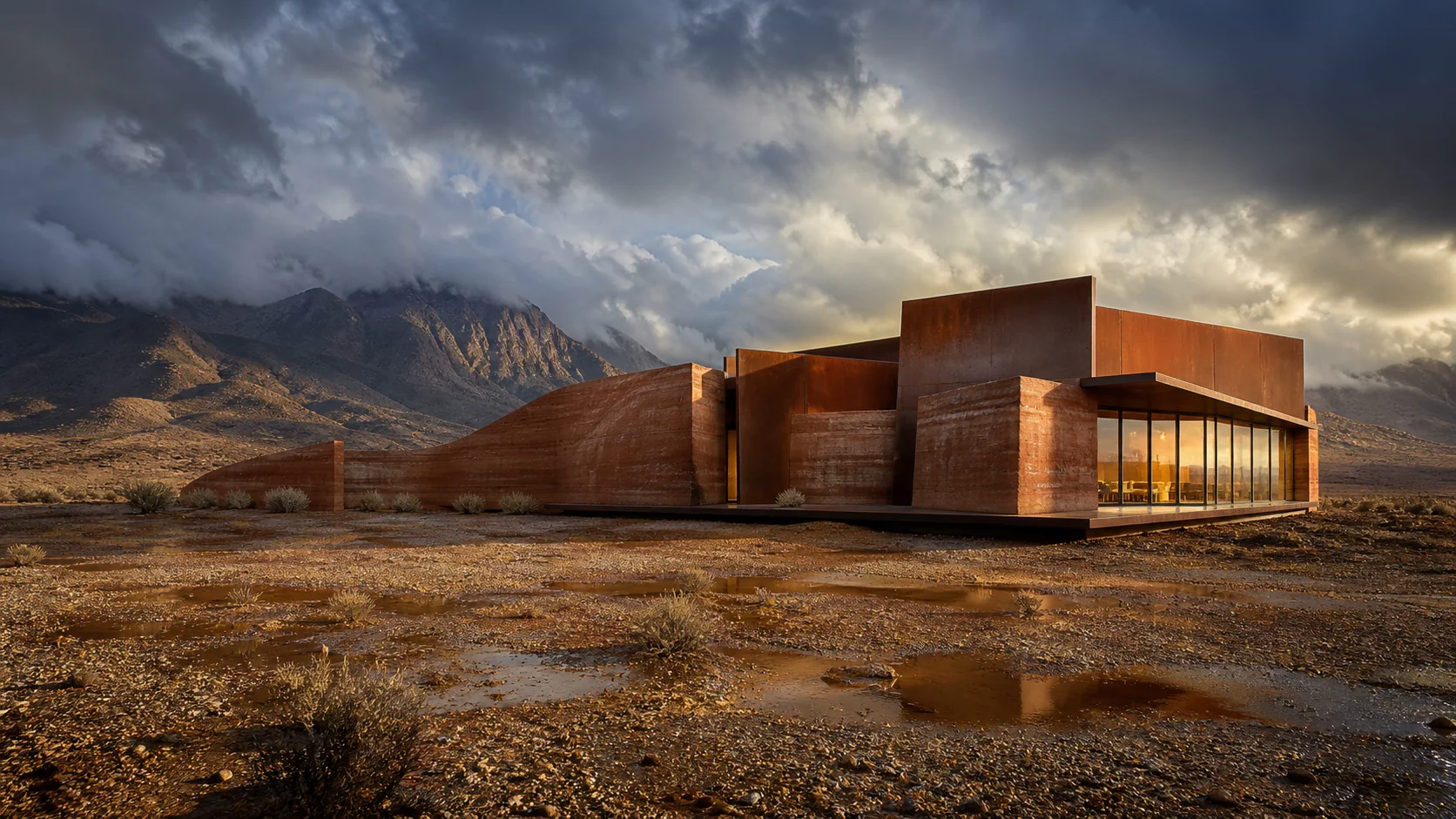Earth House in weathered steel and rammed earth