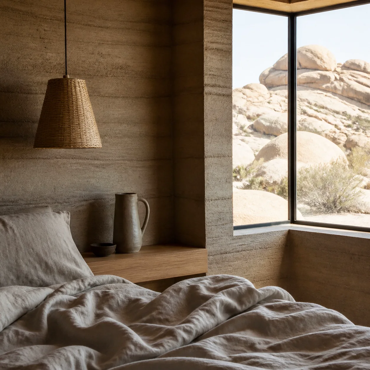 Else bedroom with natural linen and earthen walls